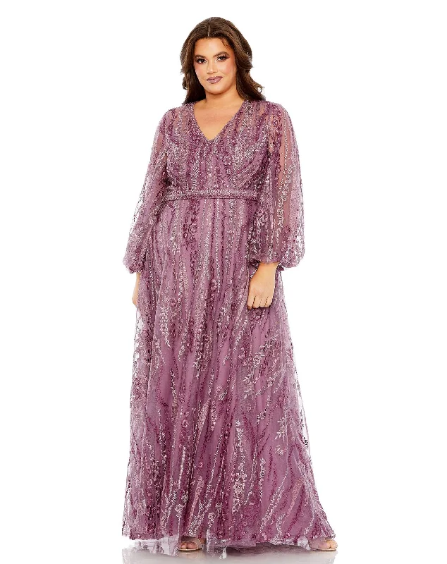 Women's One-Shoulder DressesMac Duggal 20472 Long Sleeve A Line Formal Plus Size Gown