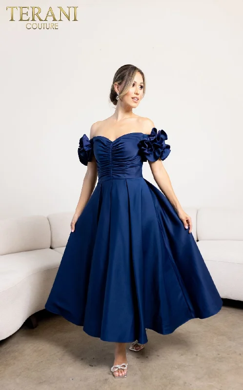 Women's Lapel Collar DressesTerani Couture 241C2334 A Line Evening Tea Length Dress