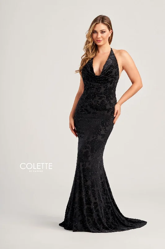 Women's Notched Collar DressesColette CL5118 Fitted Prom Long Halter Formal Dress