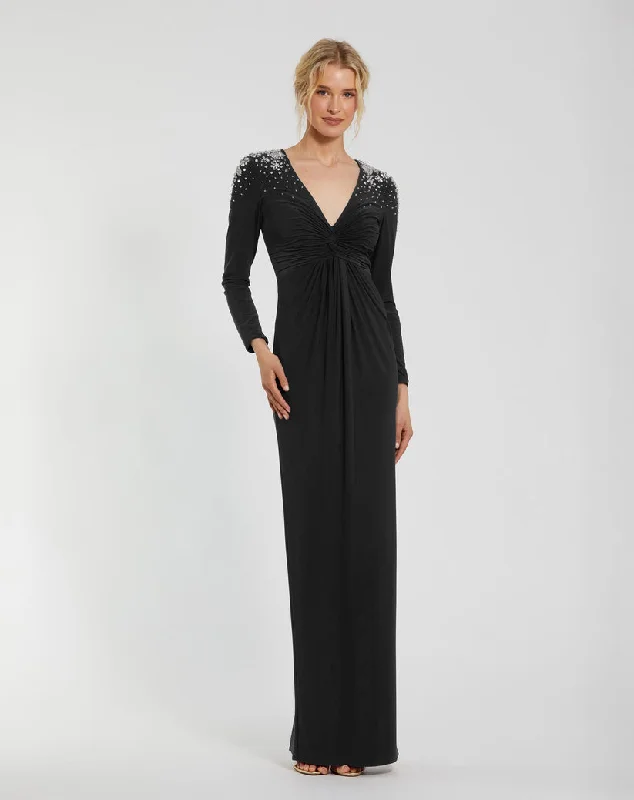 Women's V-Shaped Collar DressesMac Duggal 44063A Fitted Long Sleeve Formal Beaded Evening Dress