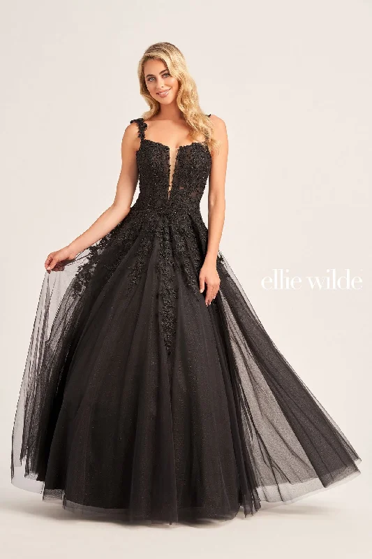 Women's V-Neck DressesEllie Wilde EW120014 Long Formal Glitter Prom Ball Gown