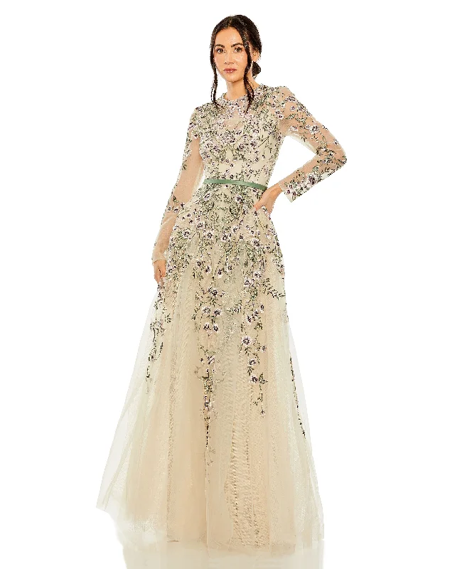Women's Keyhole-Neck DressesMac Duggal 20580 Long Sleeve Formal A Line Evening Gown