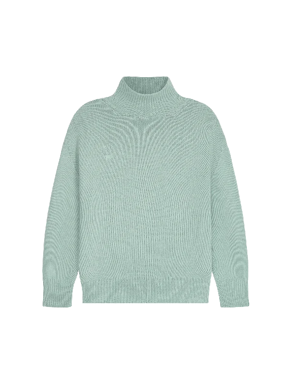 men's leather jacket with snap-front closureMen's Recycled Cashmere Turtleneck Sweater—eucalyptus blue