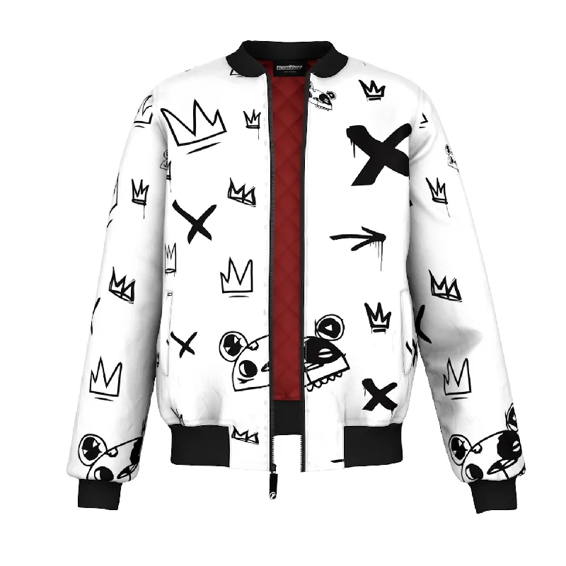 men's distressed leather jacketKings Pattern White Bomber Jacket