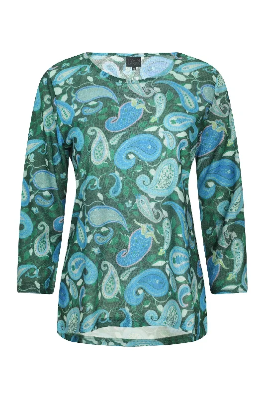 3/4 Sleeve Top with hi lo hemline | Green Sky Paisley | 6801ZR