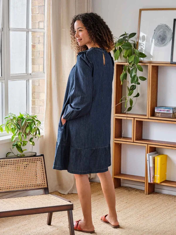 Asterope Organic Cotton Chambray Smock Dress - Dark Indigo Blue