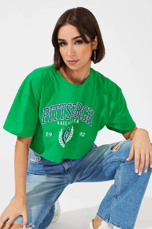 Green Print Graphic Tee Pittsburgh Crop Varsity T-shirt