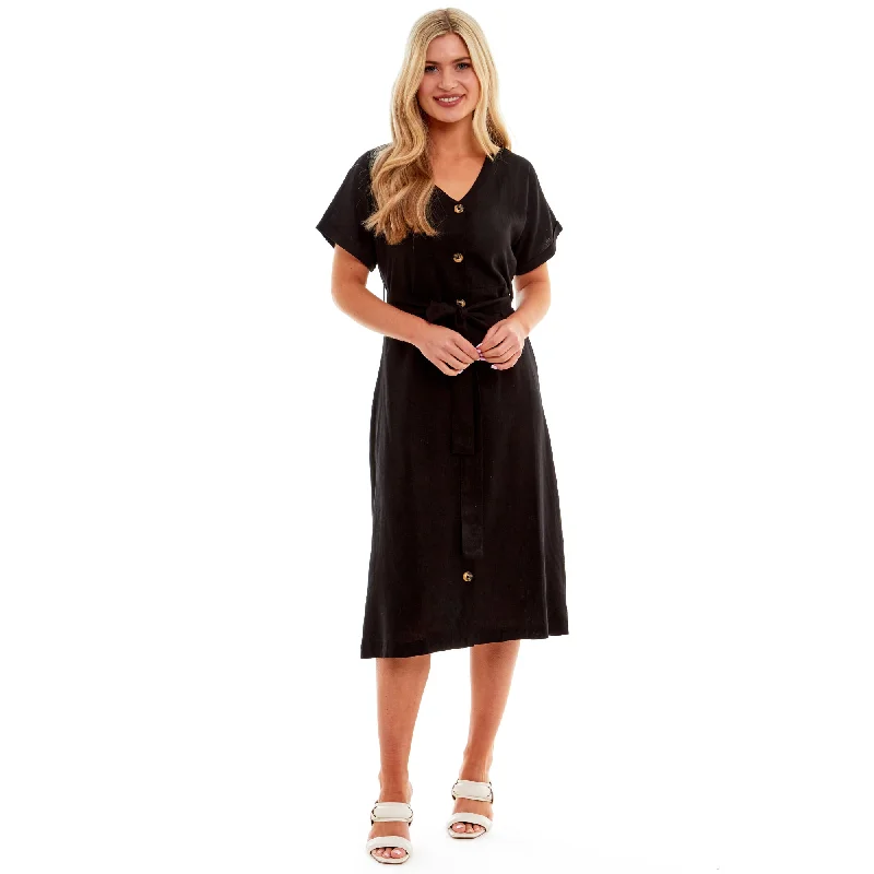 Ladies Linen Button Midi Dress - Black