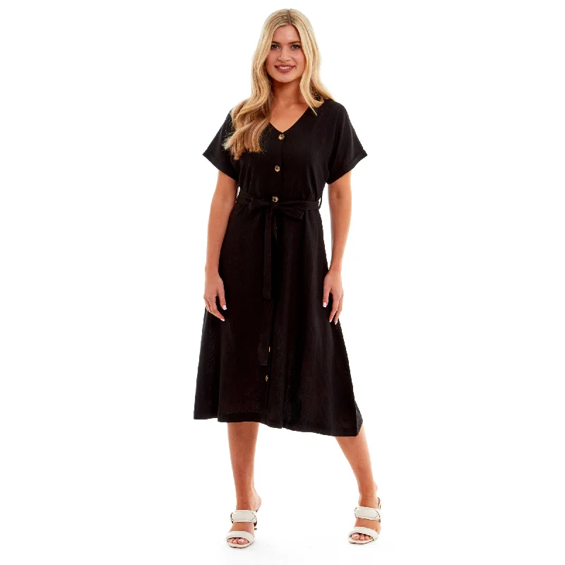 Ladies Linen Button Midi Dress - Black