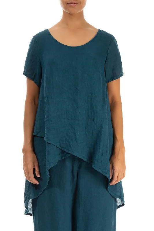 Longer Back Short Sleeves Dark Teal Gauze Linen Blouse