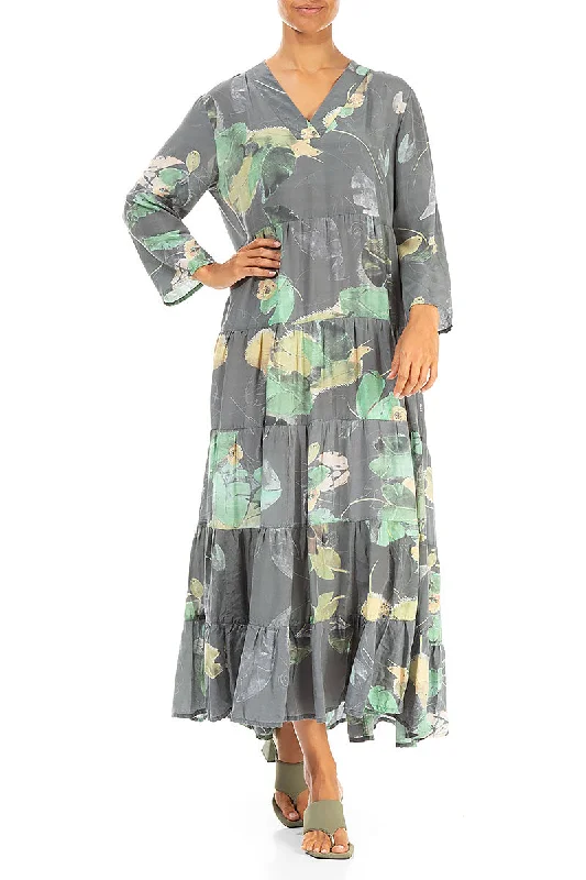 Maxi Flared Waterlilies Silk Bamboo Dress