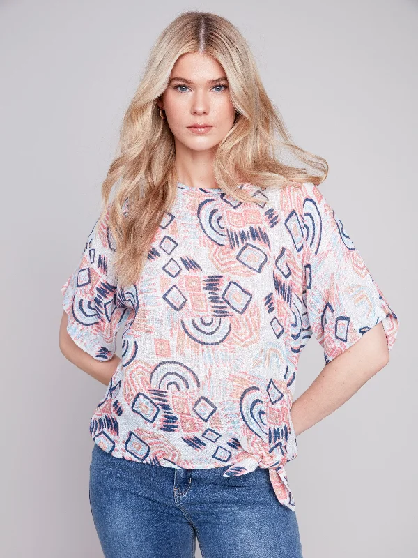 Printed Cotton Gauze Blouse with Side Tie - Scribble