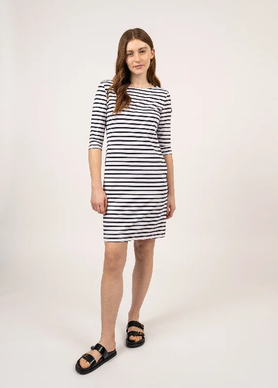 PROPRIANO - Form-Fitting Nautical Stripe Dress | Anti-UV Stretch Fabric (WHITE / NAVY)