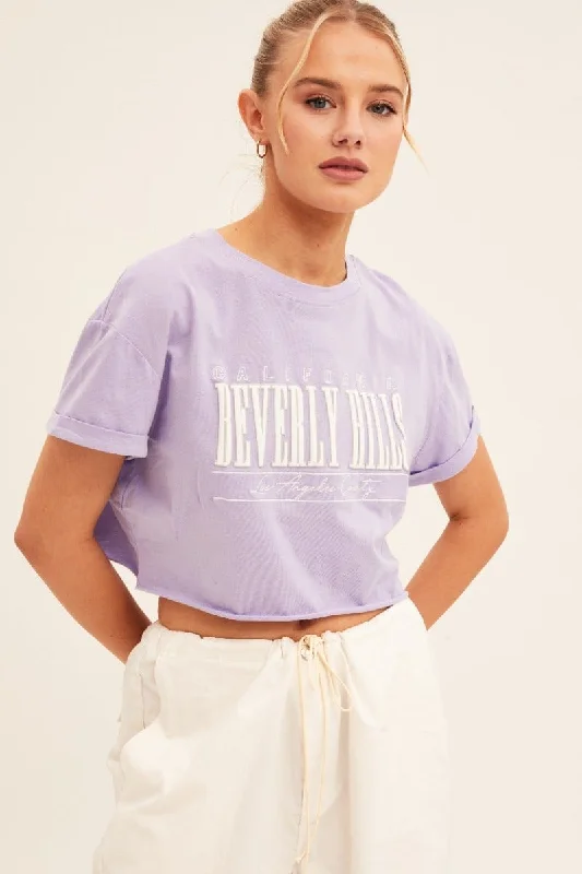 Purple Graphic T Shirt Short Sleeve Round Neck Crop