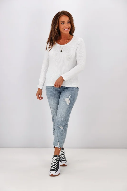 Shine On Label Classic Rib Long Sleeve Top White