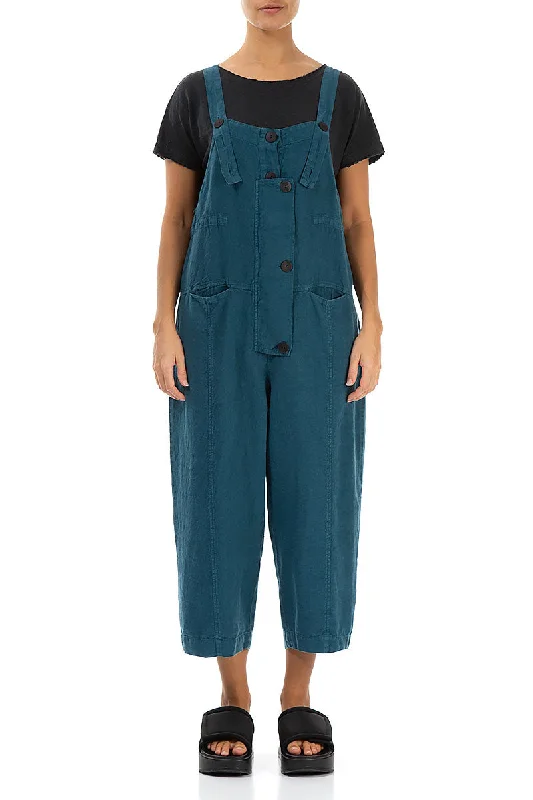 Strappy Dark Teal Linen Dungaree Jumpsuit