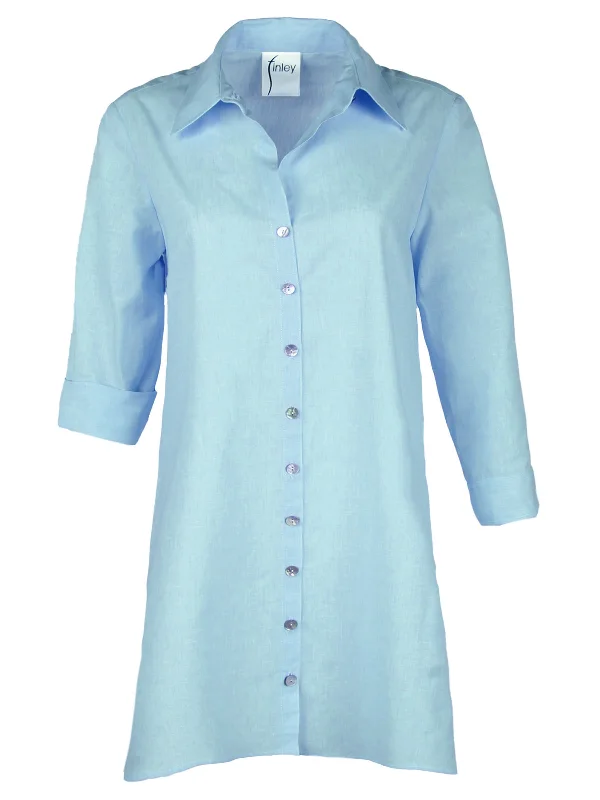 Trapeze Shirt Dress, Light Teal Cotton/Linen Oxford