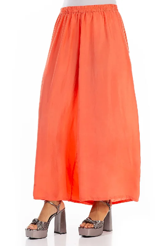 Wide Flowy Living Coral Pure Silk Trousers