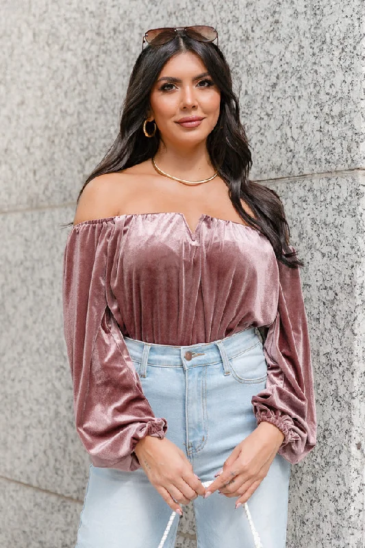 Nothing Else Matters Mushroom Velvet Off The Shoulder Bodysuit