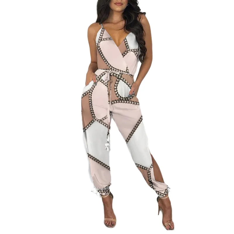 Women's V Neck Rompers Fashion Designer Sleeveless Printed Jumpsuits