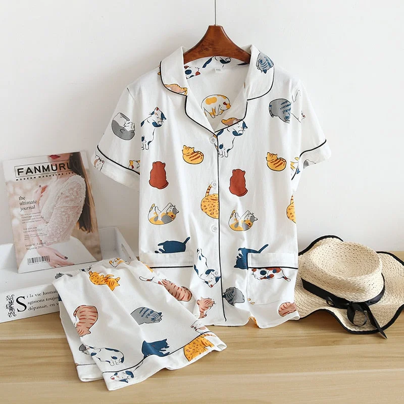 100% cotton short-sleeved shorts ladies pajamas set cute cartoon pajamas Japanese simple short pajamas women sleepwear