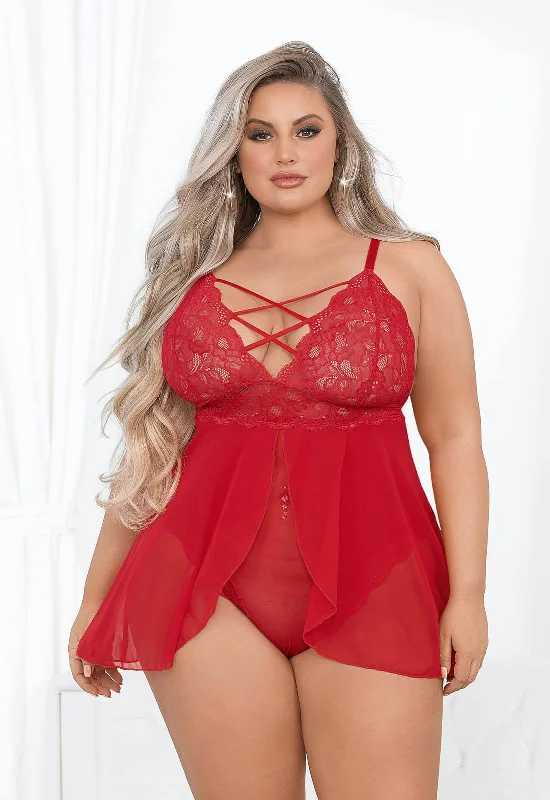 Escante Lingerie Plus Size Unique Red Lace Teddy Babydoll