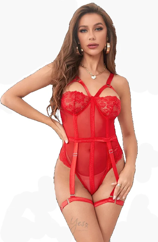 Ladies Beautiful Red Sheer Mesh Stunning Floral Lace Elastica Underwired Bra Cups Adjustable Suspender Legs Straps Bodysuit Teddy Body