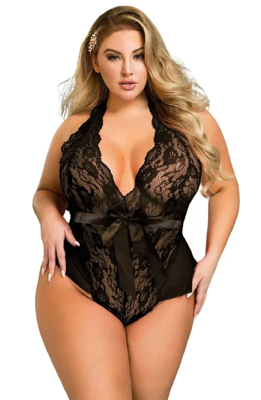 Ladies Fabulous Black Ruffle Mesh Stunning Floral Lace Deep Front Halterneck Low Cut Back Detachable Satin Waist Belt Teddy Body